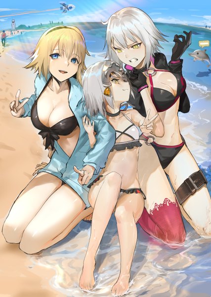 Anime picture 1000x1404 with fate (series) fate/grand order jeanne d'arc (fate) (all) jeanne d'arc alter (fate) jeanne d'arc alter (swimsuit berserker) (fate) jeanne d'arc (swimsuit archer) jeanne d'arc alter santa lily (fate) nuda long hair tall image looking at viewer fringe short hair breasts open mouth light erotic blonde hair smile hair between eyes sitting