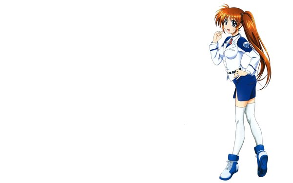 Anime picture 1680x1050 with mahou shoujo lyrical nanoha witch ririkaru nanoha magical girl lyrical nanoha takamachi nanoha okuda yasuhiro single long hair looking at viewer open mouth blue eyes simple background brown hair wide image standing white background full body :d zettai ryouiki hand on hip side ponytail