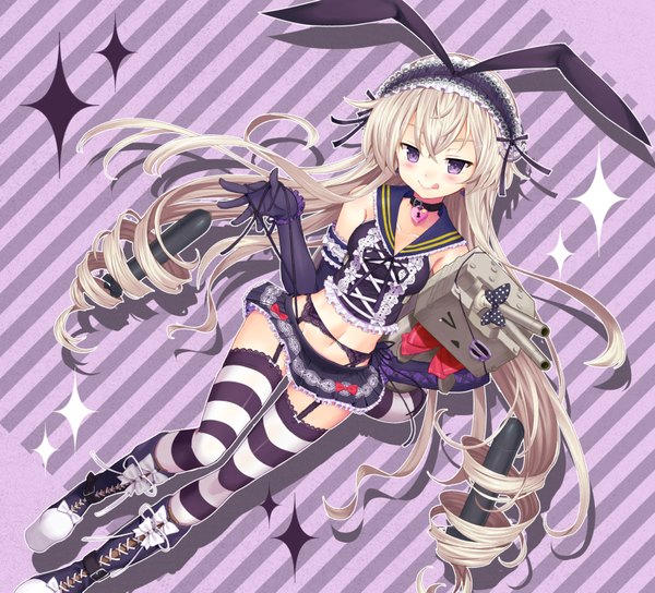 Anime picture 1632x1481 with kantai collection shimakaze destroyer rensouhou-chan matanonki single long hair blush light erotic smile purple eyes white hair :p girl thighhighs dress gloves navel bow weapon hair bow