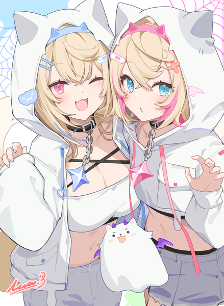 Anime picture 1318x1800 with virtual youtuber hololive hololive english mococo abyssgard fuwawa abyssgard perroccino (fuwamoco) ikomochi long hair tall image looking at viewer blush fringe short hair breasts blue eyes light erotic blonde hair hair between eyes multiple girls pink hair