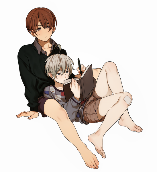Anime picture 1477x1615 with original e7 (runaway162) tall image fringe short hair blonde hair simple background hair between eyes brown hair white background sitting holding brown eyes full body ahoge bent knee (knees) barefoot pointy ears arm support multiple boys
