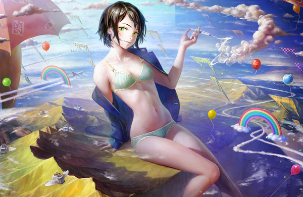 Anime picture 1384x900 with original arata yokoyama single looking at viewer fringe short hair light erotic black hair sitting green eyes sky cloud (clouds) bent knee (knees) head tilt light smile from above lips open clothes mole arm support