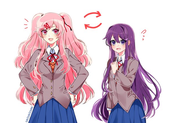 Anime picture 1200x848 with doki doki literature club yuri (doki doki literature club) natsuki (doki doki literature club) savi (byakushimc) long hair looking at viewer blush fringe open mouth simple background smile hair between eyes standing white background purple eyes multiple girls signed payot pink hair purple hair