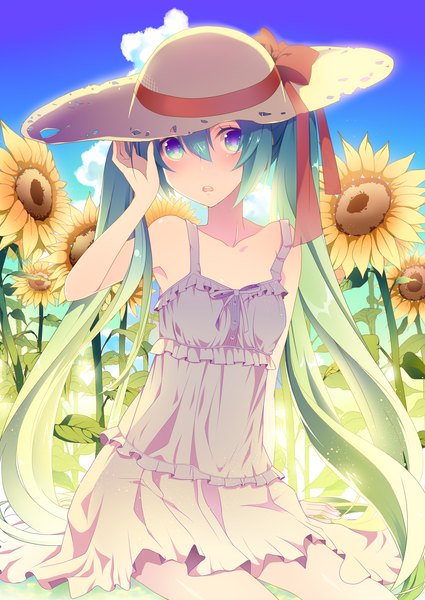 Anime picture 2507x3541 with vocaloid hatsune miku temari (deae) single tall image looking at viewer highres sitting twintails very long hair aqua eyes aqua hair girl dress bow hat sundress sunflower
