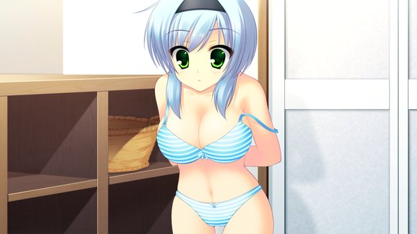 Anime picture 1024x576 with nekoguri (game) single short hair light erotic wide image green eyes blue hair game cg underwear only girl navel underwear panties