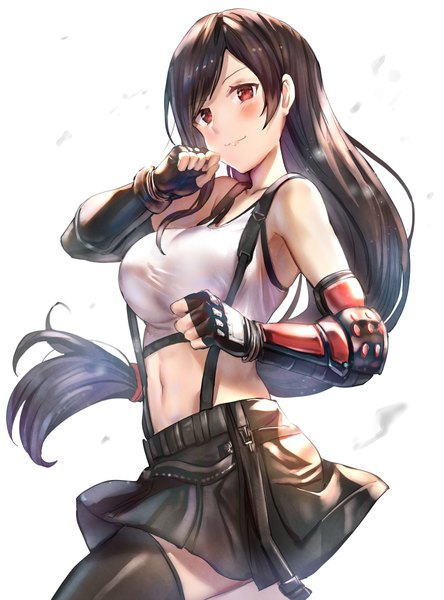 Anime picture 741x1000 with final fantasy final fantasy vii final fantasy vii remake square enix tifa lockhart qian wu atai single long hair tall image looking at viewer blush fringe breasts black hair simple background smile red eyes standing white background floating hair