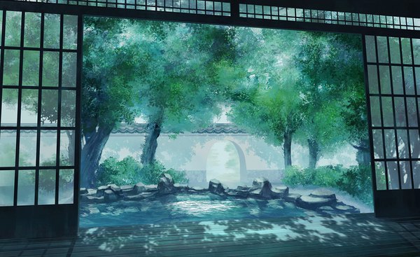 Anime picture 1307x800 with original yingsu jiang wide image shadow no people landscape summer plant (plants) tree (trees) sliding doors japanese house shouji pond veranda