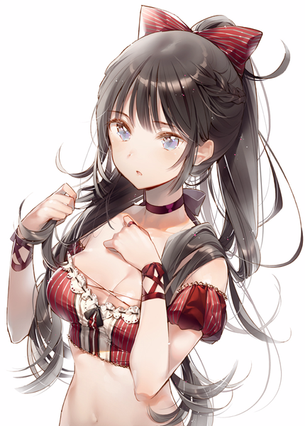 Anime picture 600x836 with original dsmile single long hair tall image looking at viewer blush light erotic black hair simple background white background purple eyes upper body ponytail braid (braids) parted lips :o puffy sleeves hand on chest side braid