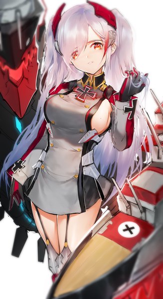 Anime picture 1417x2598 with azur lane prinz eugen (azur lane) horz single long hair tall image looking at viewer fringe breasts light erotic large breasts silver hair head tilt hair over one eye orange eyes two side up sideboob adjusting hair girl gloves