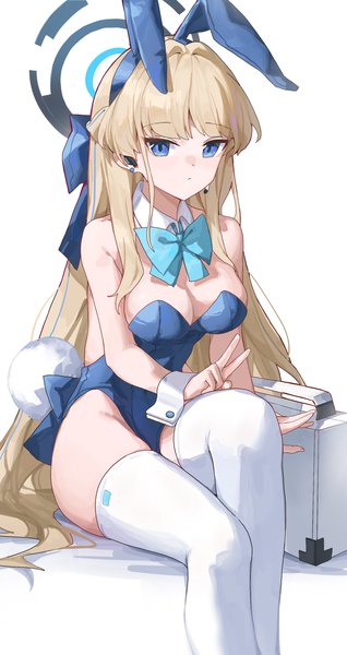 Anime picture 1670x3154 with blue archive toki (blue archive) toki (bunny) (blue archive) sentter single long hair tall image looking at viewer fringe breasts blue eyes light erotic simple background blonde hair large breasts white background sitting animal ears cleavage tail