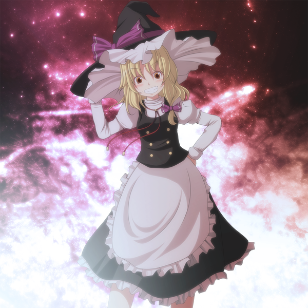 Anime picture 1500x1500 with touhou kirisame marisa s-syogo long hair blush blonde hair yellow eyes hand on hip grin space girl skirt hat apron witch hat skirt set