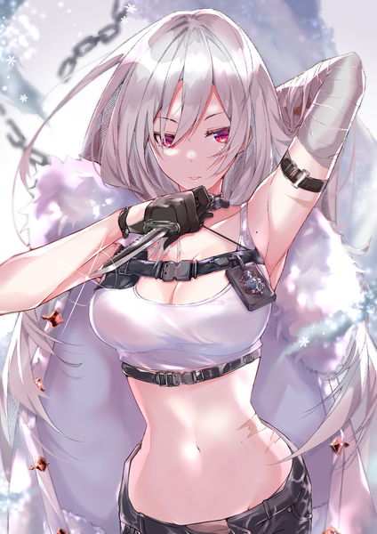 Anime picture 2894x4093 with azur lane sovetskaya rossiya (azur lane) sovetskaya rossiya (the lackadaisical lookout) (azur lane) kikuragetom single long hair tall image looking at viewer fringe highres breasts light erotic hair between eyes red eyes large breasts standing holding cleavage silver hair parted lips