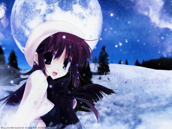 Anime picture 1600x1200 with nanao naru single long hair looking at viewer fringe open mouth hair between eyes sky purple hair upper body outdoors looking back black eyes night night sky happy girl plant (plants) tree (trees) moon