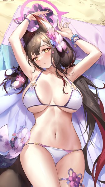 Anime picture 1800x3200 with blue archive wakamo (blue archive) wakamo (swimsuit) (blue archive) pdxen single long hair tall image looking at viewer blush fringe highres breasts light erotic smile large breasts standing animal ears yellow eyes lying parted lips
