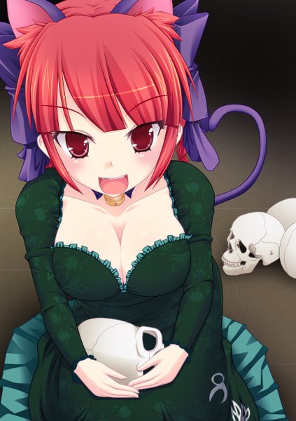 Anime picture 1748x2480 with touhou kaenbyou rin mutenka (artist) tall image highres open mouth light erotic red eyes animal ears cleavage red hair animal tail cat ears cat girl cat tail extra ears girl skull