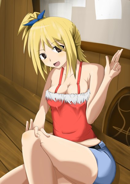 Anime picture 1446x2045 with fairy tail lucy heartfilia long hair tall image breasts open mouth blonde hair large breasts sitting bare shoulders brown eyes cleavage legs girl shirt shorts