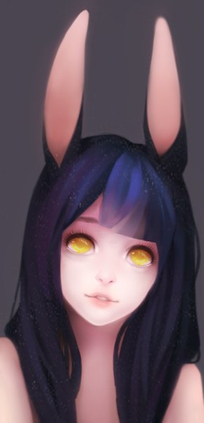 Anime picture 793x1640 with league of legends ahri (league of legends) shikipo single long hair tall image looking at viewer fringe open mouth animal ears purple hair lips grey background portrait girl