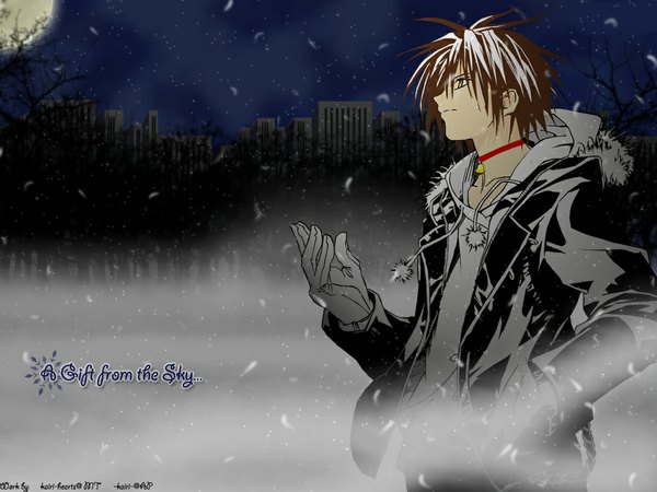 Anime picture 1024x768 with black cat gonzo train heartnet yabuki kentarou kairi-hearts single fringe short hair hair between eyes brown hair signed yellow eyes looking away profile wallpaper fur trim city cityscape hand in pocket third-party edit