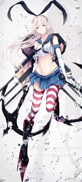 Anime picture 986x2170 with kantai collection shimakaze destroyer marumoru single long hair tall image looking at viewer blue eyes white hair girl thighhighs skirt gloves navel bow hair bow miniskirt elbow gloves white gloves striped thighhighs