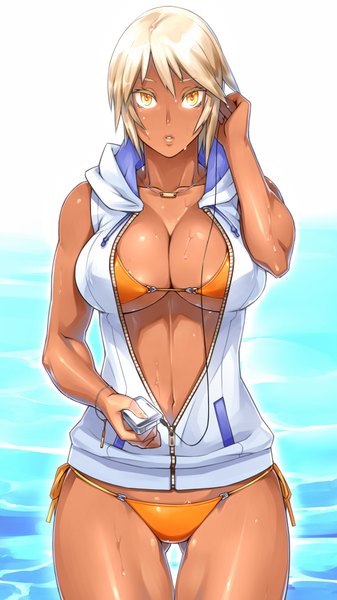 Anime picture 1000x1778 with original real xxiii's dark skinned girl 23 (real xxiii) tall image short hair breasts light erotic blonde hair large breasts yellow eyes open clothes sweat girl navel swimsuit bikini headphones digital media player