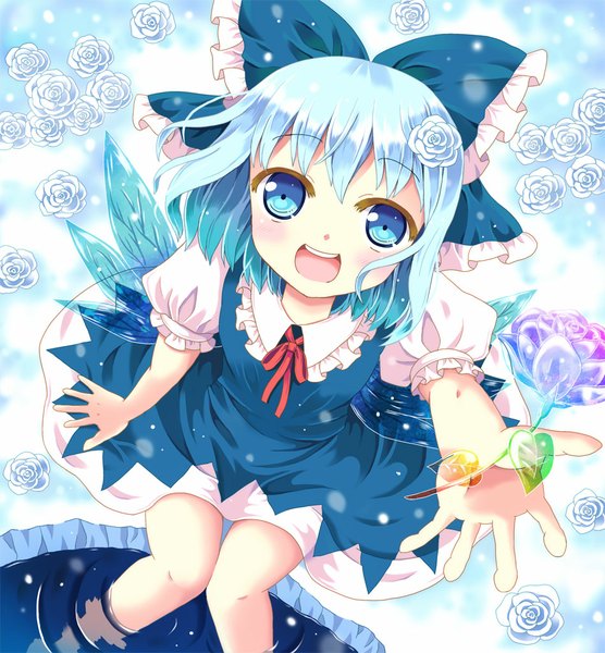 Anime picture 950x1025 with touhou cirno hazakura satsuki single tall image looking at viewer blush short hair open mouth blue eyes sitting blue hair from above girl dress flower (flowers) bow hair bow wings water