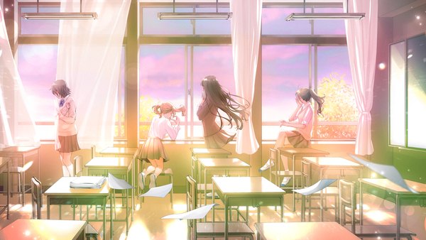 Anime picture 5760x3240 with original macaronk long hair highres short hair black hair brown hair wide image standing sitting twintails multiple girls absurdres full body indoors pleated skirt wind sunlight kneeling looking down