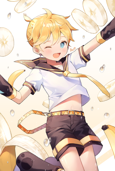 Anime picture 1205x1795 with vocaloid kagamine len azit (down) single tall image looking at viewer blush short hair open mouth blue eyes blonde hair ponytail spread arms ;d jumping sailor collar boy shorts fruit banana