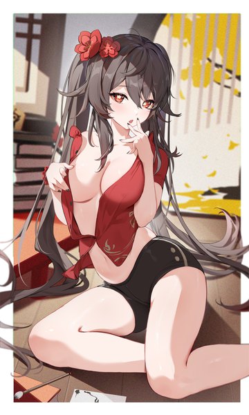 Anime picture 2400x4000 with genshin impact hu tao (genshin impact) houkisei single tall image looking at viewer blush fringe highres breasts open mouth light erotic hair between eyes red eyes brown hair large breasts sitting twintails payot ahoge