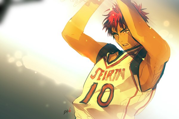 Anime picture 1126x750 with kuroko no basket production i.g kagami taiga zis (artist) single short hair open mouth red eyes signed red hair grey background sweat boy uniform gym uniform basketball uniform