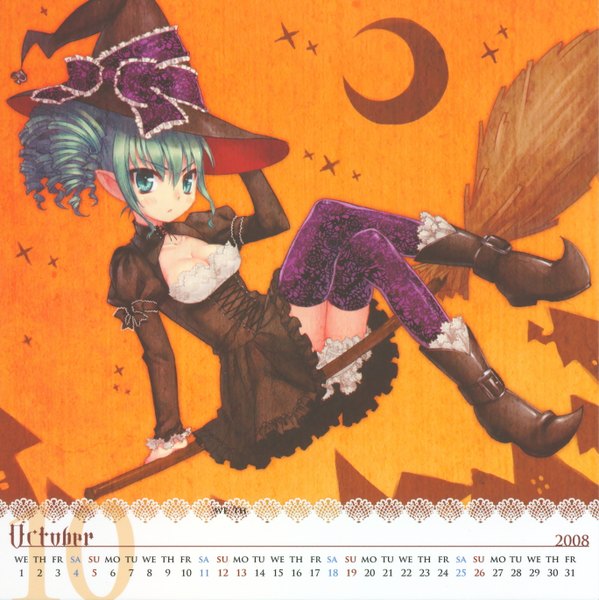 Anime picture 2736x2742 with lolita style calendar 2008-2009 yuzuno asaki (artist) single tall image looking at viewer highres short hair sitting green eyes green hair pointy ears halloween witch crescent orange background 2008 calendar 2008 girl thighhighs boots