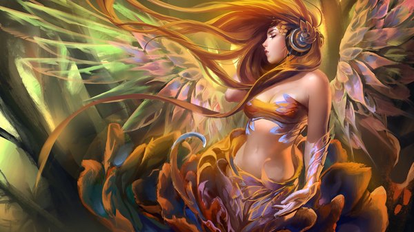 Anime picture 1920x1080 with sakimichan single long hair highres breasts wide image bare shoulders eyes closed wind orange hair realistic girl gloves navel flower (flowers) wings headphones