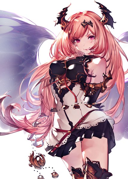 Anime picture 2505x3508 with shingeki no bahamut dark angel olivia yurika0207 single long hair tall image looking at viewer highres light erotic simple background smile standing white background bare shoulders holding pink hair upper body very long hair pleated skirt pink eyes