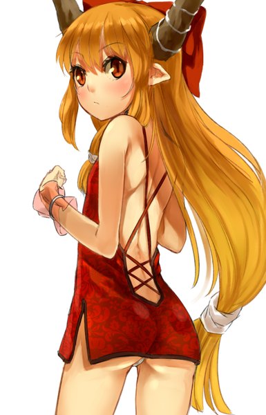 Anime picture 900x1400 with touhou ibuki suika nishiuri (artist) single long hair tall image blush light erotic simple background blonde hair red eyes white background looking away looking back horn (horns) pointy ears pantyshot girl dress underwear