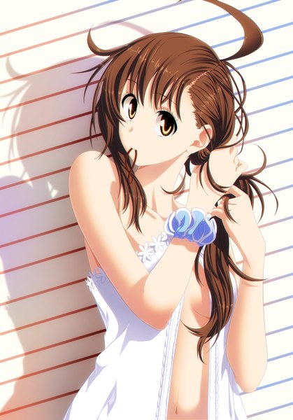 Anime picture 2000x2866 with nisekoi shaft (studio) onodera kosaki ironizer single long hair tall image highres light erotic brown hair bare shoulders holding brown eyes ahoge no bra shadow mouth hold coloring adjusting hair wrist scrunchie