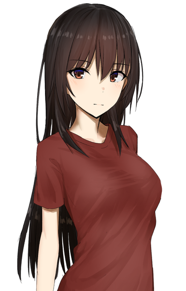 Anime picture 600x935 with original elfenlied22 single long hair tall image looking at viewer blush fringe breasts simple background hair between eyes brown hair standing white background brown eyes upper body girl t-shirt