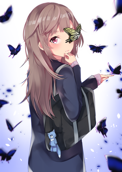 Anime picture 1191x1684 with original sakippo (sakippo0) single long hair tall image looking at viewer blush fringe simple background red eyes brown hair standing payot looking back hand to mouth covering eye (eyes) butterfly on hand girl uniform school uniform