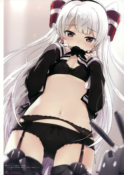Anime picture 2474x3500 with kantai collection milky been! (ogipote) - anime yorozu ira hon (artbook) amatsukaze destroyer rensouhou-kun ogipote single long hair tall image looking at viewer fringe highres breasts light erotic holding brown eyes signed white hair blunt bangs blurry scan