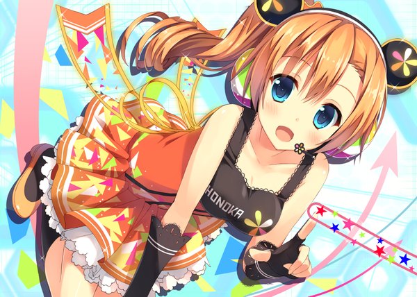 Anime picture 900x642 with love live! school idol project sunrise (studio) love live! kousaka honoka saeki nao single long hair looking at viewer blush fringe breasts blue eyes simple background hair between eyes animal ears payot bent knee (knees) orange hair character names side ponytail