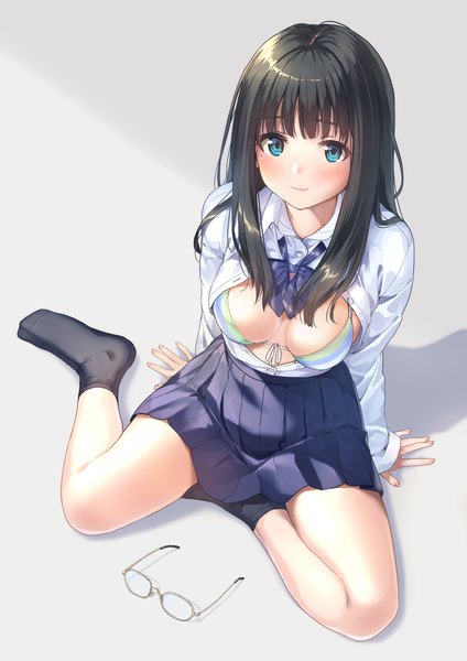 Anime picture 2894x4093 with original unasaka ryou single long hair tall image looking at viewer blush fringe highres breasts blue eyes light erotic black hair simple background sitting full body blunt bangs long sleeves from above light smile