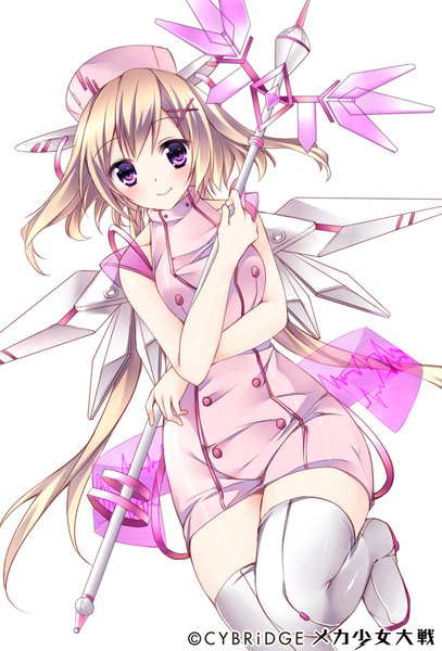 Anime-Bild 651x960 mit original sorai shin'ya single tall image looking at viewer blush short hair blonde hair simple background smile white background purple eyes holding bent knee (knees) floating hair nurse girl uniform boots thigh boots