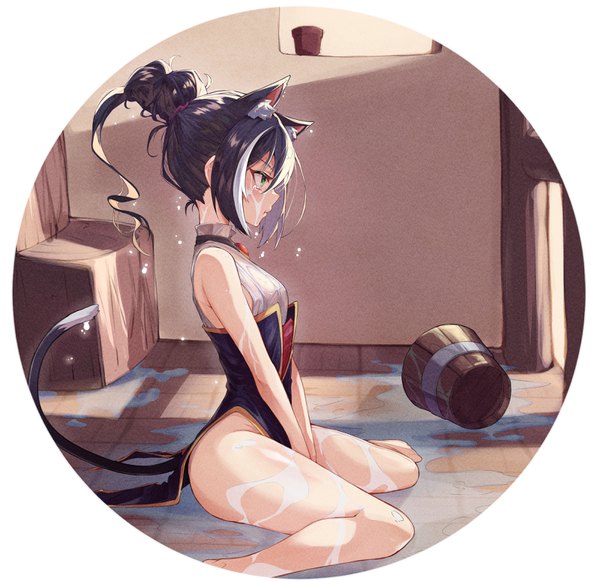 Anime picture 3200x3100 with princess connect! re:dive princess connect! karyl (princess connect!) mmhomm single fringe highres short hair light erotic black hair hair between eyes sitting bare shoulders green eyes animal ears payot looking away absurdres full body bent knee (knees)