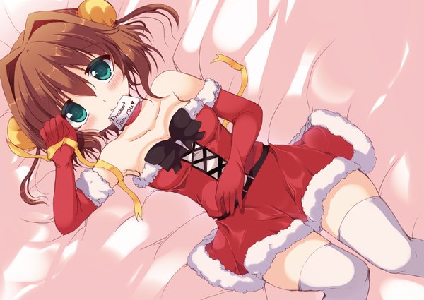 Anime picture 1271x901 with da capo da capo ii asakura yume suzunone rena single blush short hair brown hair bare shoulders green eyes girl thighhighs gloves white thighhighs elbow gloves