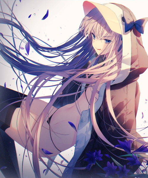 Anime picture 1249x1500 with fate (series) fate/grand order meltryllis (fate) meltryllis (swimsuit lancer) (fate) meltryllis (swimsuit lancer) (first ascension) (fate) kuro futoshi single tall image blue eyes light erotic simple background purple hair very long hair open jacket girl thighhighs flower (flowers) black thighhighs swimsuit bikini