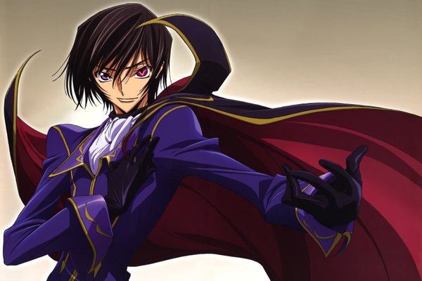 Anime picture 6112x4075 with code geass sunrise (studio) lelouch lamperouge chiba yuriko single looking at viewer highres short hair simple background brown hair purple eyes absurdres pink eyes heterochromia outstretched arm hand on chest brown background boy gloves black gloves