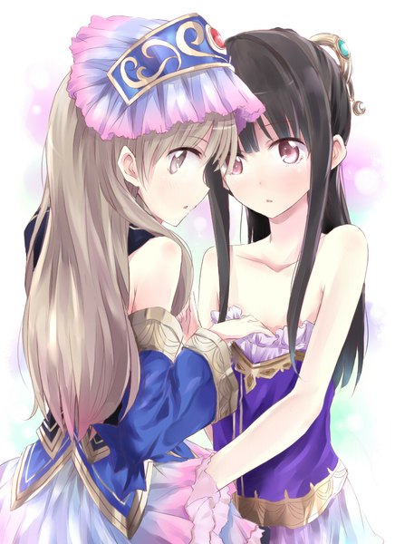 Anime picture 800x1100 with atelier (series) atelier totori gust (company) totooria helmold mimi houllier von schwarzlang maromi (am97) long hair tall image blush light erotic black hair red eyes bare shoulders multiple girls parted lips grey hair grey eyes hair over breasts girl skirt