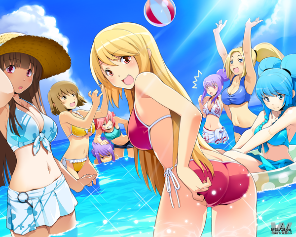 Anime picture 3000x2400 with cyberstep (artist) long hair blush highres open mouth blue eyes light erotic blonde hair red eyes brown hair multiple girls blue hair pink hair purple hair looking back beach group 6+ girls 8 girls volleyball