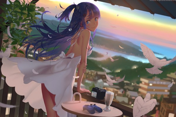 Anime picture 1800x1200 with original ai-chan (playstation) vofan single blush fringe highres blue eyes smile standing payot looking away purple hair outdoors blunt bangs braid (braids) wind arm support leaning dutch angle