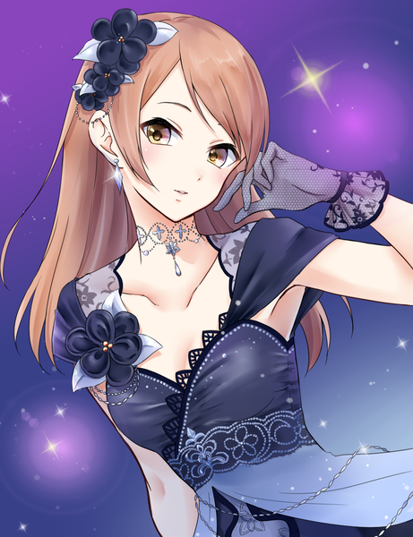 Anime picture 1000x1300 with idolmaster idolmaster cinderella girls houjou karen aoyashio rin single long hair tall image looking at viewer brown hair brown eyes upper body sparkle sleeveless song for life girl dress gloves hair ornament earrings choker