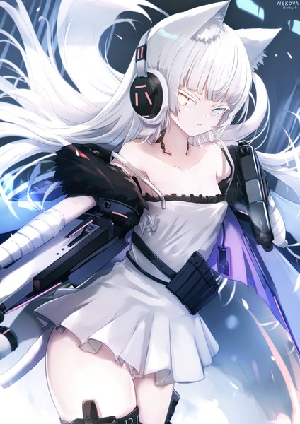 Anime picture 4341x6140 with girls frontline awp (girls frontline) (nekoya (liu)) nekoya (liu) single long hair tall image looking at viewer fringe highres blue eyes light erotic bare shoulders holding animal ears yellow eyes absurdres white hair tail blunt bangs animal tail