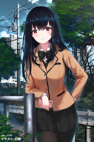 Anime picture 1200x1808 with original sy 1755 single long hair tall image looking at viewer blush fringe breasts black hair smile hair between eyes red eyes large breasts standing holding payot sky cloud (clouds) outdoors